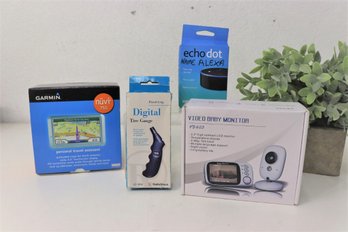 Group Lot Of With The Box Electronics - Baby Monitor, Echo Dot, Garmin, Digital Tire Pressure Gauge