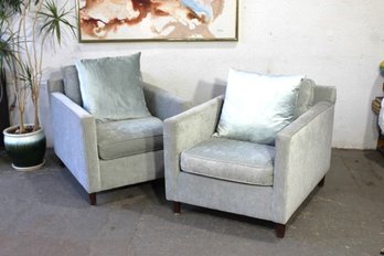 Pair Of Mitchell Gold  & Bob  William Ice Blue Upholstered Lounge Chairs