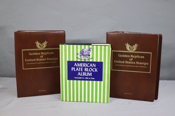 3 Empty Stamp Books: BOOKS ONLY -US Plate Block Album, Golden Replicas Of Classic And Of US Stamps