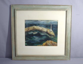 Coastal Serenity: Nautical Oil Painting With Weathered Frame'