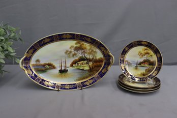 Hand Painted Japanese Porcelain Gold And Cobalt Oval Tray And Dishes