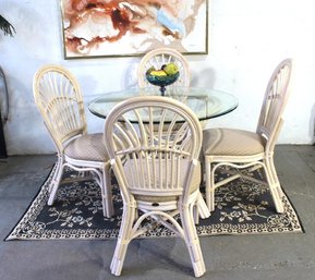 Vintage Boca Rattan Dining Set 4 Chairs & Glass Table - Hollywood Regency