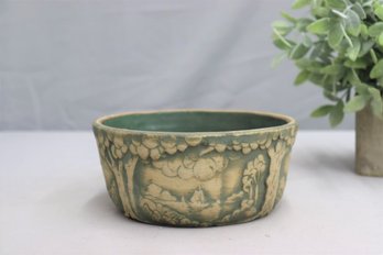 Vintage  Red Wing Pottery-style Arts & Crafts Brushware Bowl - Scenes Of Mountain Lakes, Green & Cream