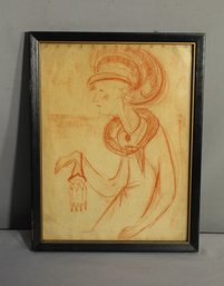 Vintage Red Chalk Sketch Of Elegant Woman With Purse - Framed