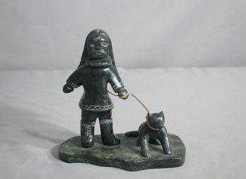 Hand Carved Soapstone  Sculpture Of A Hunter And Dog , Signed By The Artist