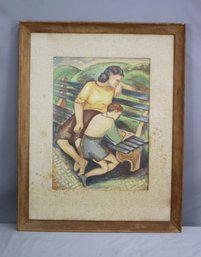 Vintage Original Watercolor On Archival Paper Mother & Son, Signed By Artist P.L. Bibel And Framed