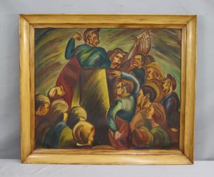 WPA 1930s Style Original Oil Oil Painting Of Striking Workers In The Style Of Leon Bibel