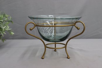 Hand-Blown Glass Bowl In Gold Painted Wrought Iron Stand