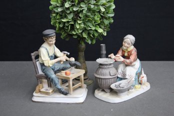 Pair Of Vintage Porcelain Figurines - Woman & Pot Belly Stove #6349 & The Cobbler