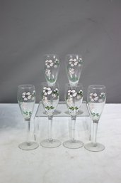 Group Lot Of 6 Hand Painted Cherry Blossom Champagne Flutes - Perrier Jouet Belle Epoque   France