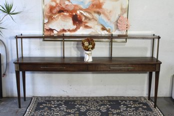 Mid-Century Modern Wooden Console Table With Glass Shelves