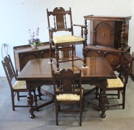 Vintage English Oak Dining Room Suite - Table, Cabinet, Server And 4 Chairs