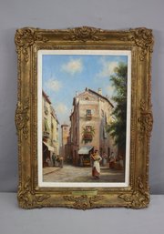 Vintage Trevor Haddon Plaza Scenario Oil On Canvas In Gilt Rococo Frame