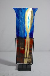 Vintage Abstract Freeform Art Glass Vase On Stand