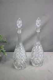 2 Vintage Crosshatch Diamond Point Cut Glass Decanters With Stoppers