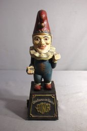 Antique Cast Iron Five Cent Cigars Jester Clown Rolling Bank