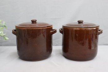 Two Vintage Heavy Stoneware Brown Glazed Lidded Crocks