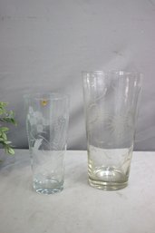 2 Floral Etched Glass Crystal Vases, One Med. And One Large