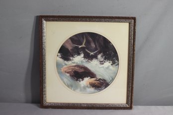 Vintage Ruth Baderian Gulls And Crashing Surf Framed Circular Print