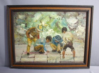 Framed Henryk Dzienczarski, 'Boys Playing In Street -Wood Frame