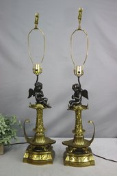 Pair Of Brass Winged Cherub Aladdin Styled Table Lamps