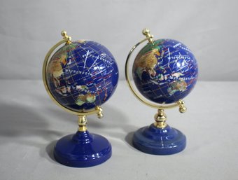 Pair Of Desktop Gemstones Of World Globe Semi Precious Inlaid 8 Lapis Abalone Pearl