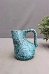 Vintage Stoneware Teal And Moss Speckled Swan Handle Duck Pitcher