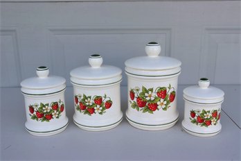 Set Of 4 Vintage 70s Japanese Ceramic Strawberry Fields Kitchen Canisters