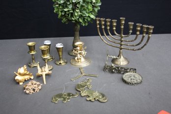Group Lot Of Brass Including Candlesticks, Elephants Mobile, Menorah, And More