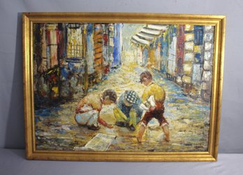 Framed Henryk Dzienczarski, 'Boys Playing In Street -gold Tone Frame