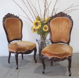 Two Louis XV Style Golden Velour Shield Back Side Chairs