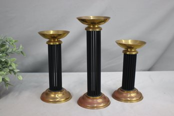 Three Tall Black & Brass Pillar Candle Holders