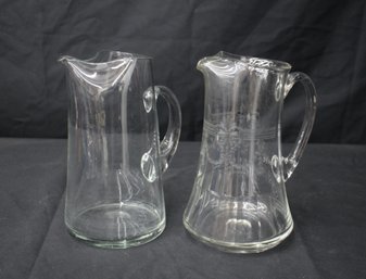 2 Vintage Glass Water Pitchers. 1- Clear ,   1-Etched