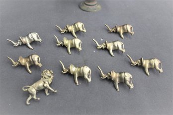 Group Lot Of Brass Elephant (9) And Lion(1) Napkin Rings