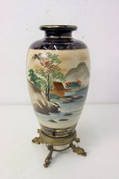 Japanese Imperial Satsuma Vase With Brass Dragon Fish Base