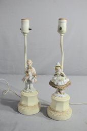 Charming Pair Of Antique Porcelain Figurine Lamps In 18th Century Attire