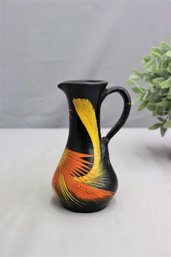 Vintage Black Ochre Earthenware Pitcher With Orange And Yellow Ostrich