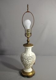 Elegant Pierced Ceramic And Brass Oil Lamp Conversion'