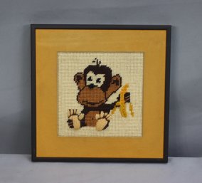 Vintage 1970s Baby Monkey Needle Point Fabric Wall Art, Framed