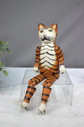 Vintage Folk Art Hand Carved Wooden Tiger - Shelf Sitter With Movable Articulated Joints