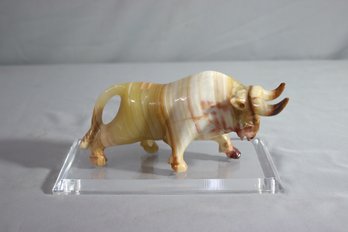 Vintage Carved Brown Onyx Bull On A Lucite Base