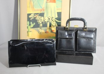 Vintage Black Patent Leather Clutch & Handbag Set