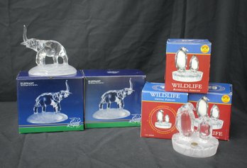 Group Lot Of Crystal Penguins  And Elephants Sculptures -(6)