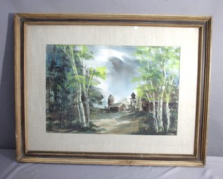 Tranquil Watercolor Landscape Of Rural Farm Scene - Framed