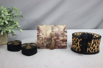 Group Lot Of 4 Jewelry Vanity Boxes Black/Golf  - Beading, Tapestry, Faux Leopard,