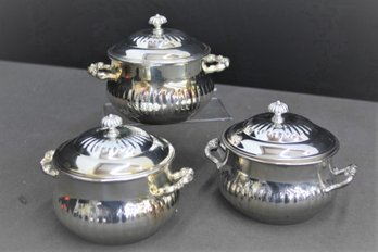 Three Small Leonard Silver Plate Lidded Bowls With Handles