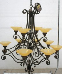 Wrought Iron Chandelier With Amber Glass Shades - 12-Light Fixture