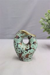 Vintage Organic Interrupted Circle Stoneware Vase  Celadon Over Copper Crystalline Glaze