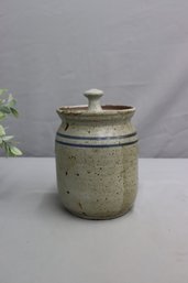 Vintage Hand-Made Double Blue Ring Stoneware Lidded Crock