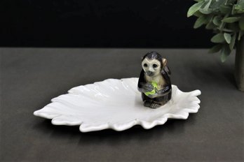 Vintage Ceramic Capuchin Monkey Holding Yellow Ball And Sitting On A Leaf Dish